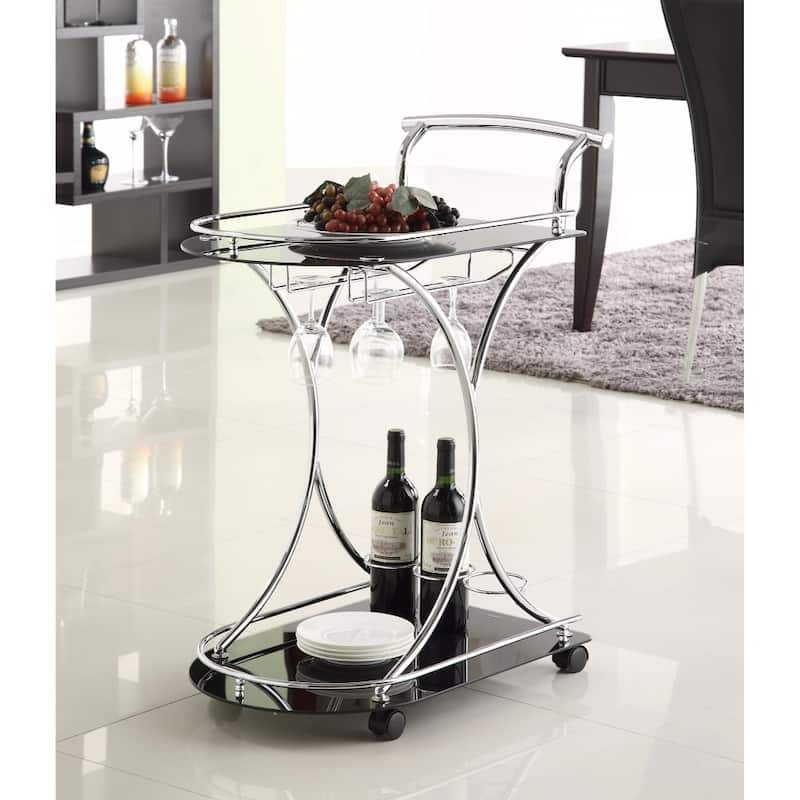 Dazzling Serving Cart With 2 Black Glass Shelves, Silver - 33.75 H x 26.5 W x 15.75 L Inches