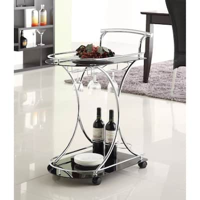 Dazzling Serving Cart With 2 Black Glass Shelves, Silver
