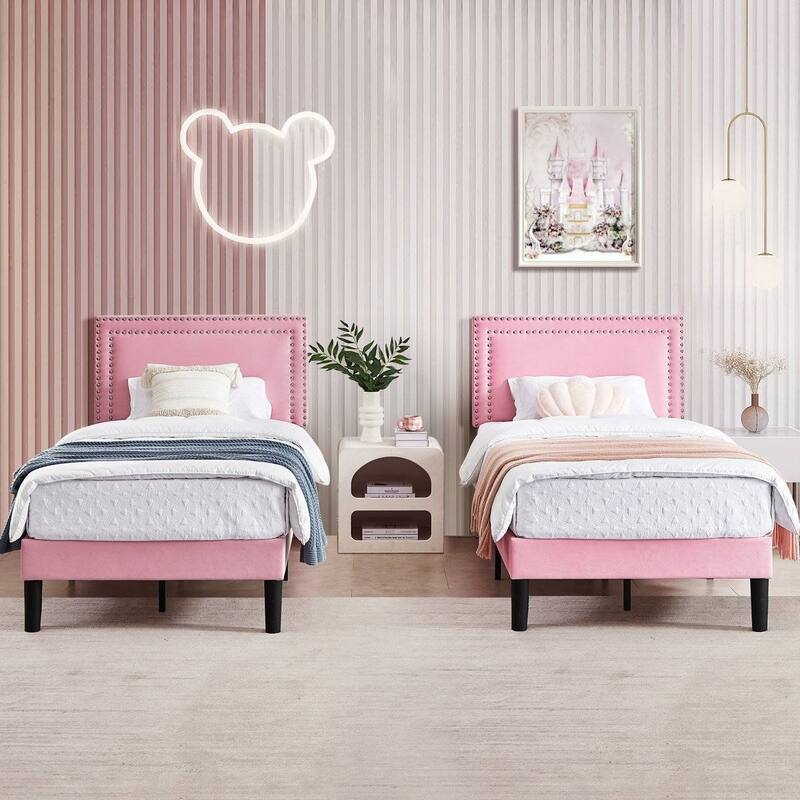 Set of 2 Twin Size Tufted Upholstered Platform Beds Dorm Style Minimalist Metal Frame with Slats No Box Spring Needed