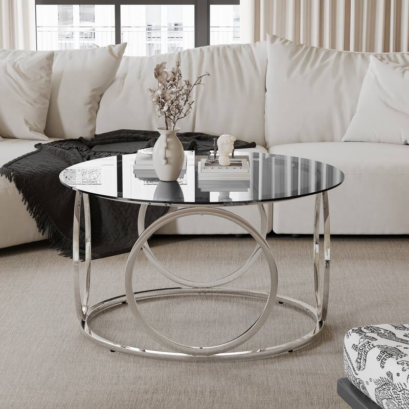 31.5" Modern Round Glass Top Coffee Table with Circular Metal Frame
