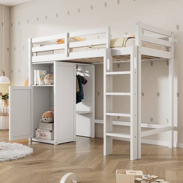 slide 2 of 13, Twin Size Loft Bed with Wardrobe, Storage Shelves and Ladder, Solid Wood High LoftBed Frame for Kids Teens Bedroom White