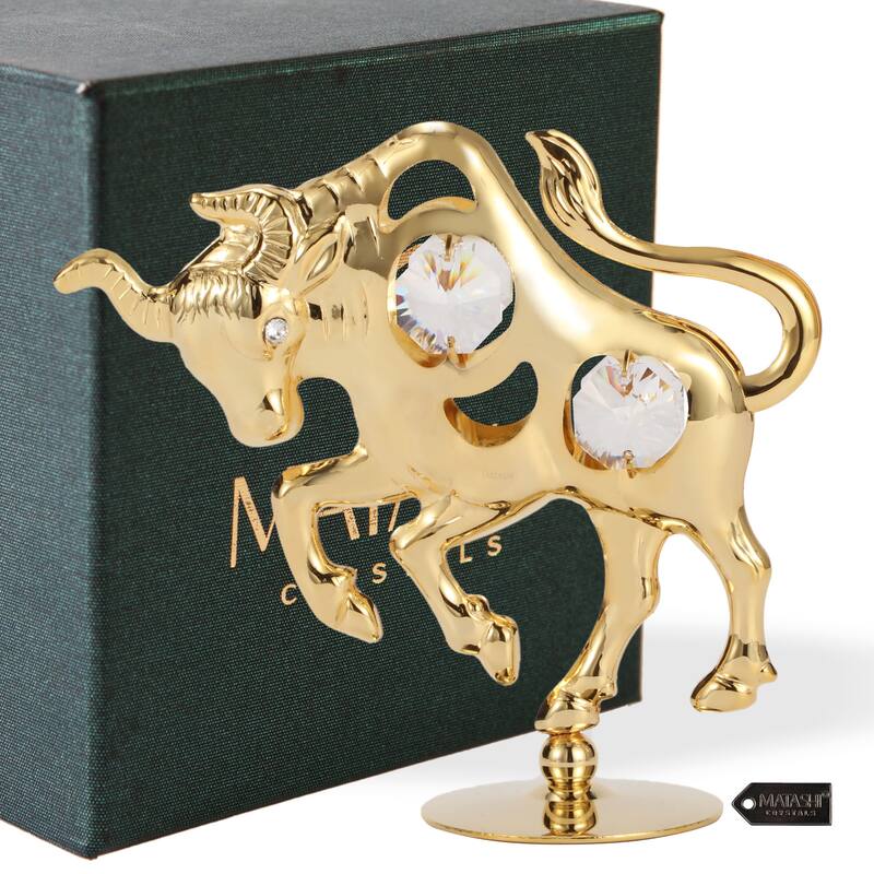 Matashi 24K Gold Plated Crystal Studded Ox/Bull Figurine Ornament Collectible Gift Ox Wealth Statue Bull Statue Christmas Gift