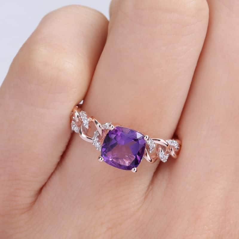 Miadora Cushion African Amethyst and 1/10ct TDW Diamond Link Engagement Ring in 10k Rose Gold