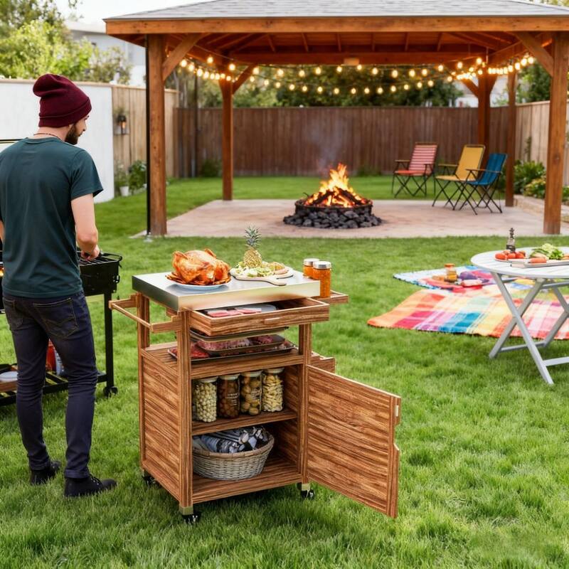 GDFStudio Outdoor Lysandros Fir-Wood Grill Cart with Stainless Steel Top and Organized Storage