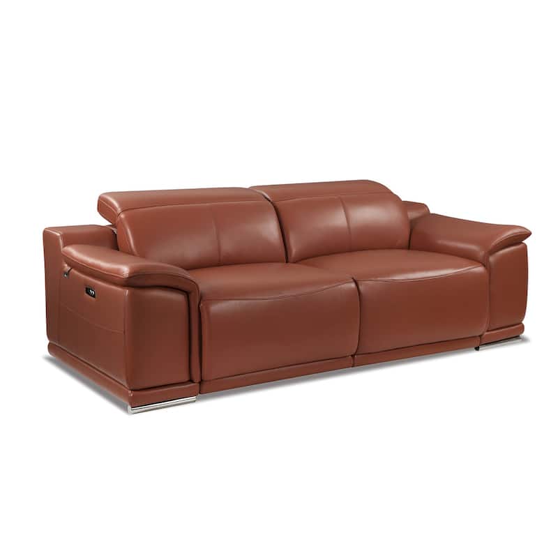 HomeRoots 86" Camel Italian Leather USB Reclining Sofa With Silver Legs