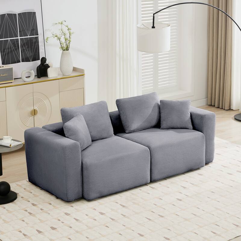 Corduroy Sectional Modular Sofa with Square Arms & Ottoman Extension for Flexible Arrangements
