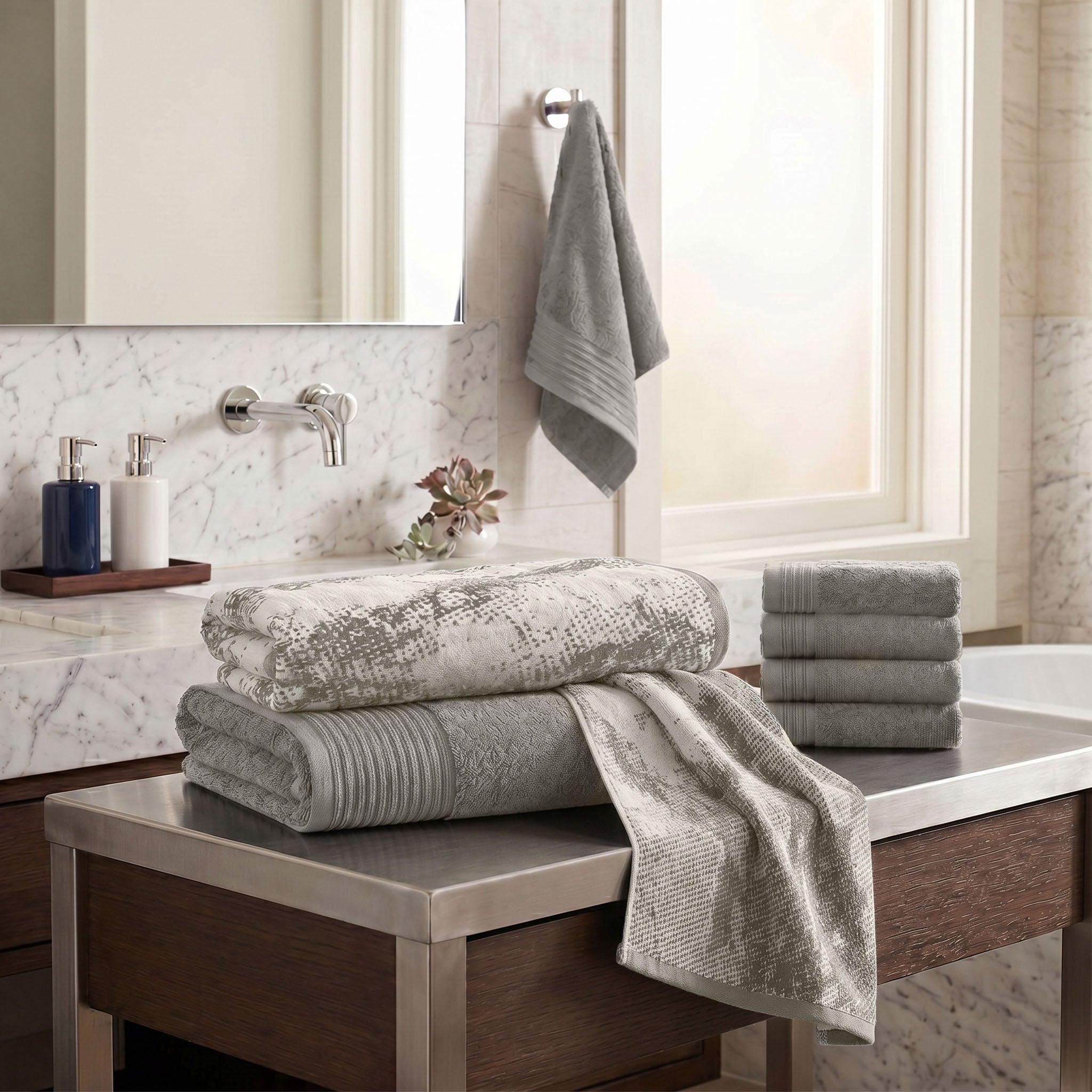 Superior 100% Cotton Quick Dry 8 Piece Towel Set – Soft Absorbent Solid & Marble Bathroom Towels with Velour Finish