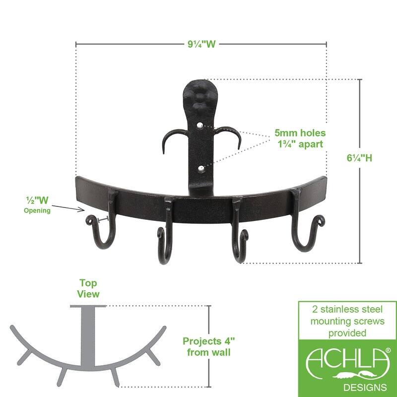 Achla Designs Wall Bracket With 4 Hooks, 10 Inch Wide, Black Powder Coat Finish