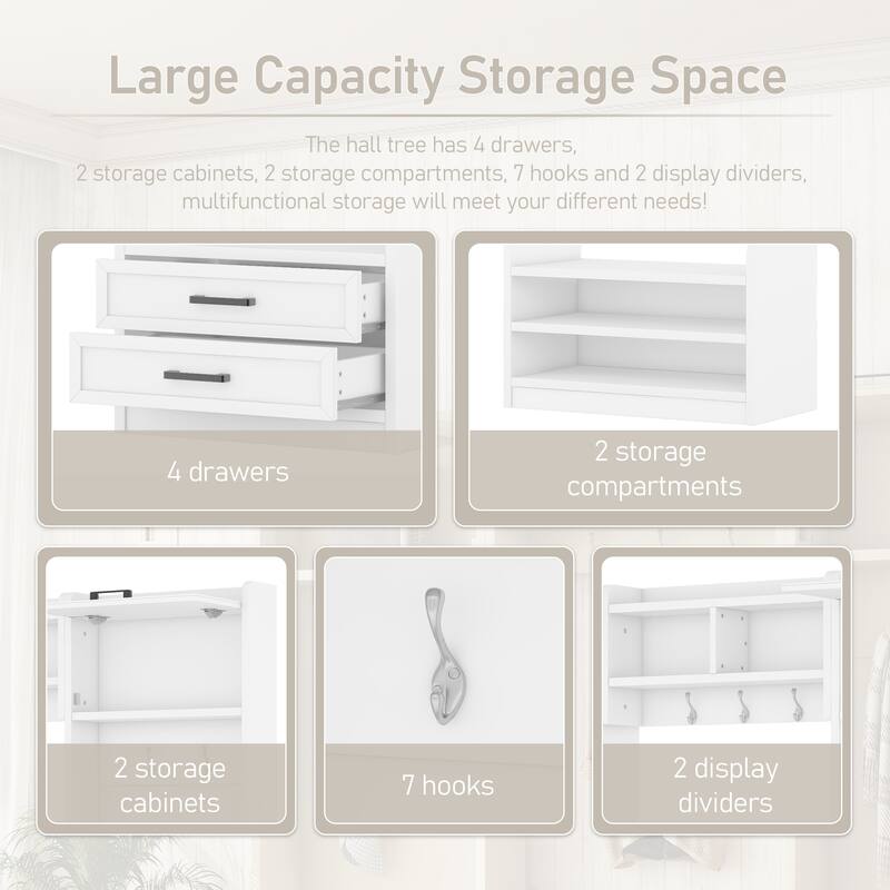 4-in-1 Detachable Hall Tree with Storage and 7 Hooks, Multiple Functions Hallway Coat Rack with Storage Drawers and Cabinet