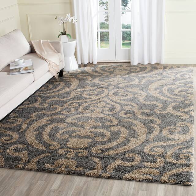 SAFAVIEH Florida Shag Honey Ornate Damask 1.2-inch Thick Rug - 8' x 10' - Grey/Beige