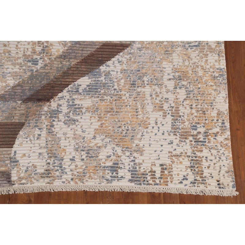 Striped Beige Abstract Oriental Area Rug Handmade Wool Carpet - 6'6"x 9'1"