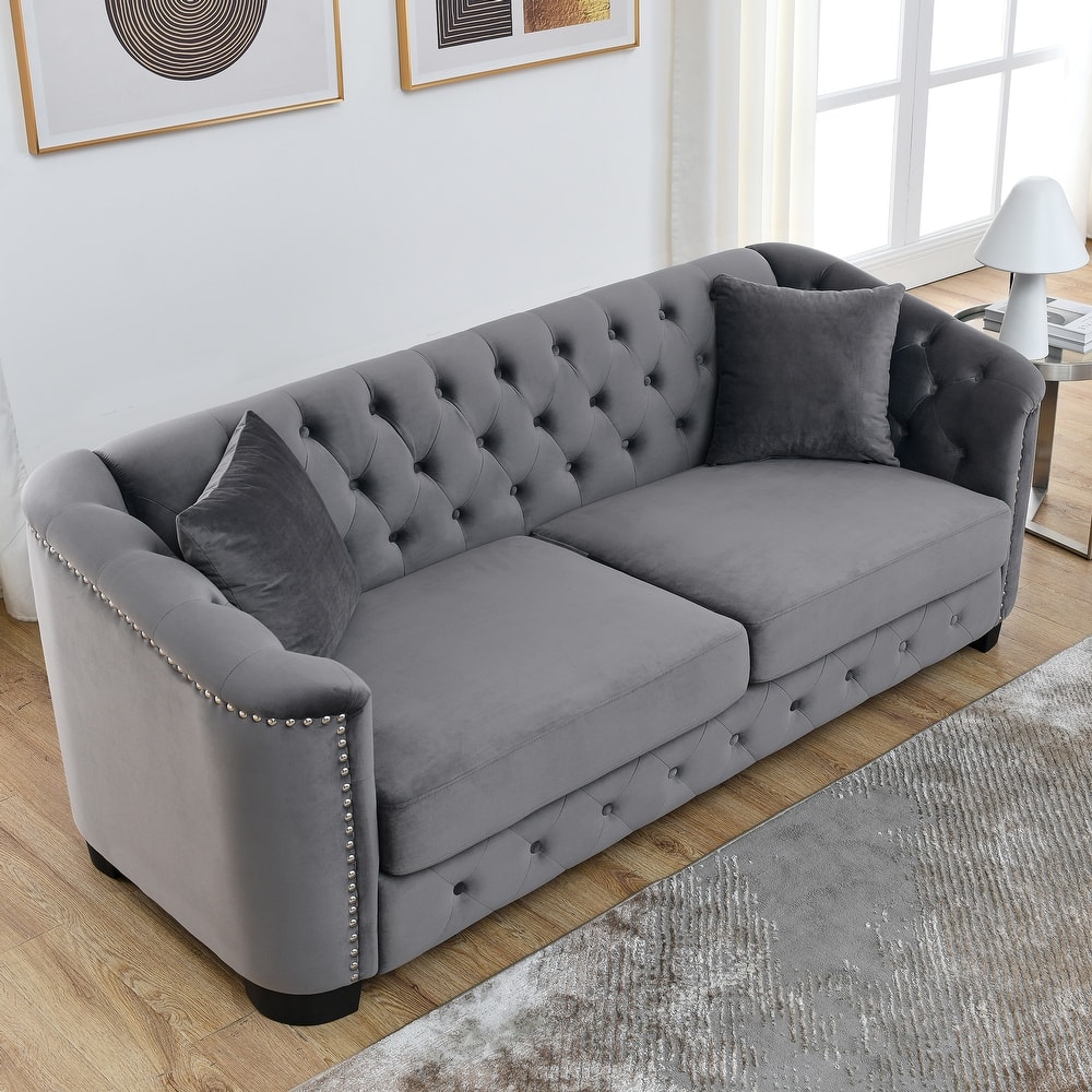 77'' Modern Velvet 3-Seater Sofa with Tufted Backrests, Nailhead Trim, and 2 Pillows