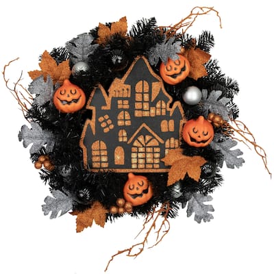 Orange and Black Haunted House Halloween Wreath 24-Inch Unlit