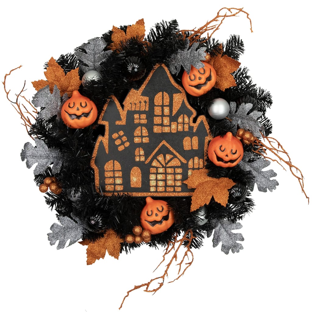 Orange and Black Haunted House Halloween Wreath 24-Inch Unlit