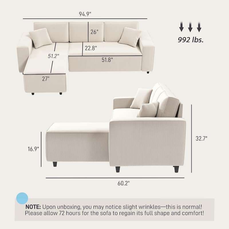 HOMCOM 95" Sectional Sofa with Reversible Chaise Lounge, L-Shaped Corner Sofa with Corduroy Fabric, Pocket Spring, 2 Pillows