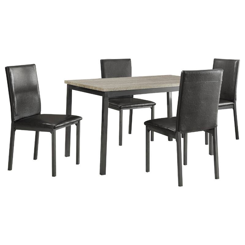 Raza 5pc Dining Set, Weathered Gray Table, 4 Black Faux Leather Chairs