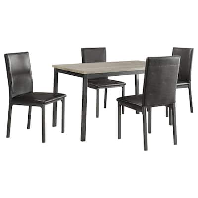 Raza 5pc Dining Set, Weathered Gray Table, 4 Black Faux Leather Chairs