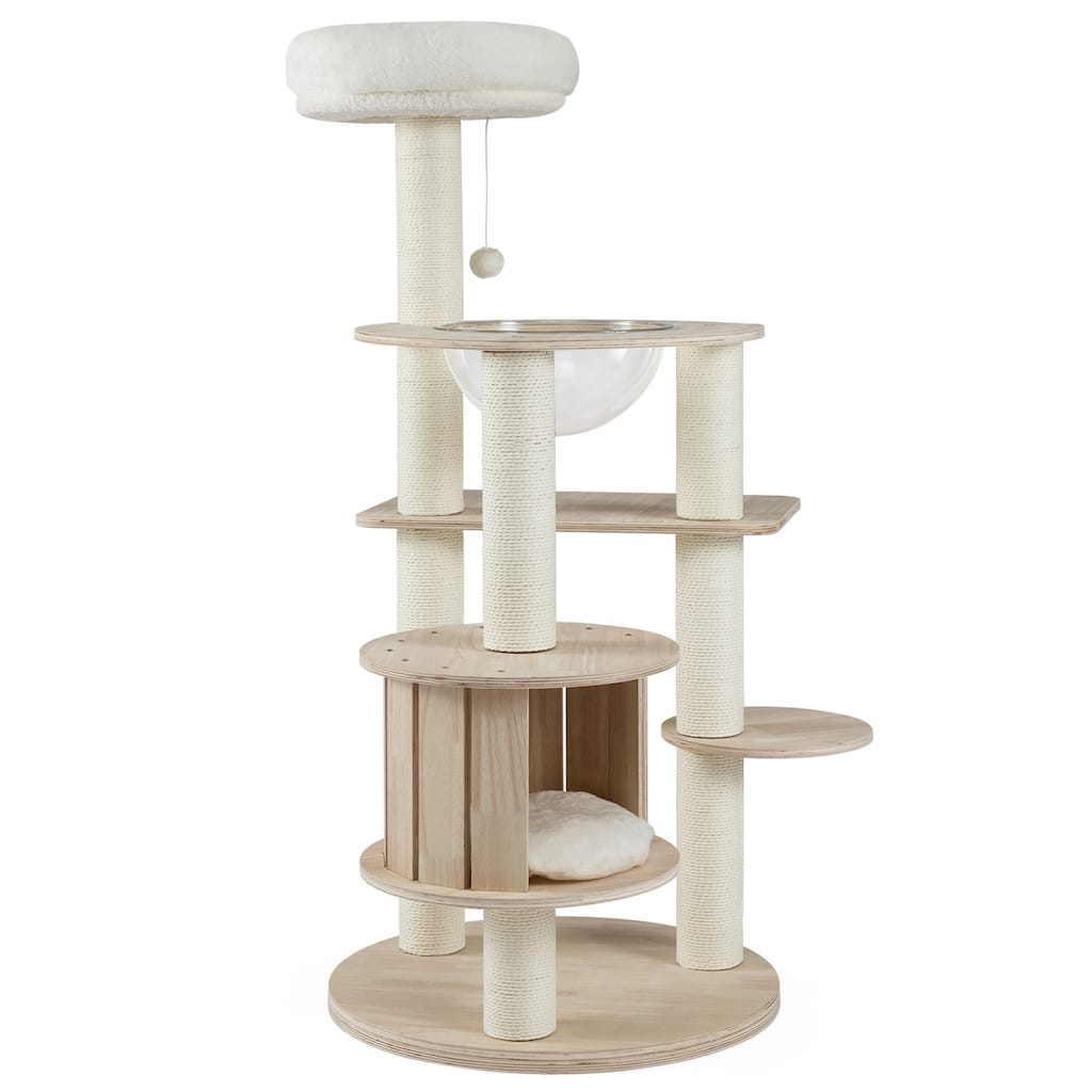 Natural Wooden Cat Tree Tower with Condo Perch Space Capsule and Scratching Posts 52 Inch