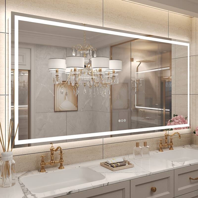 Frameless LED Front Light and Backlit 3 Colors Dimmable Anti-Fog Wall Bathroom Vanity Mirror - 72" x 36"-Square Corner