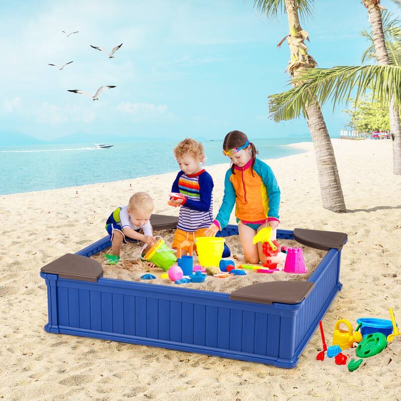 Gymax Kids Outdoor Sandbox 48.5'' x 48.5'' x 12.5'' Large HDPE Sandpit