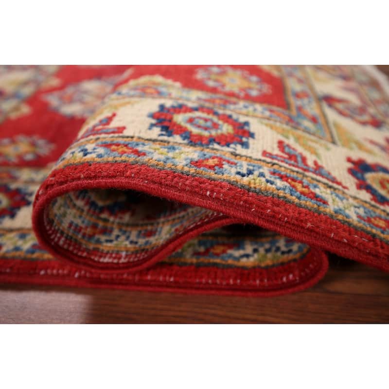 Red Geometric Kazak Oriental Accent Rug Hand-Knotted Wool Carpet - 1'11" x 3'3"