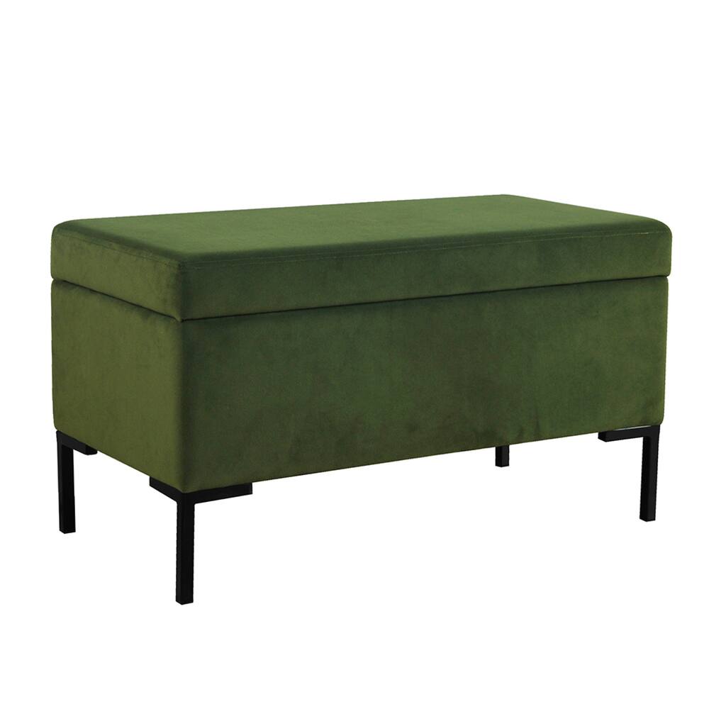 Ray Storage Bench Ottoman, Forest Green Velvet, Metal Legs, 32 Inch
