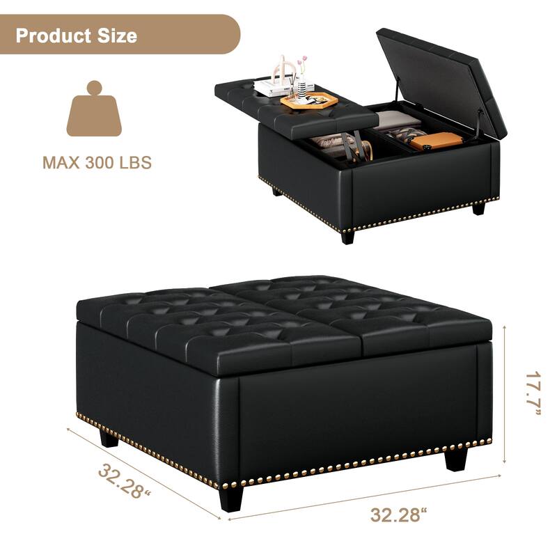 Black PU Leather Square Chair with Storage, Mid-Century Modern Coffee Table