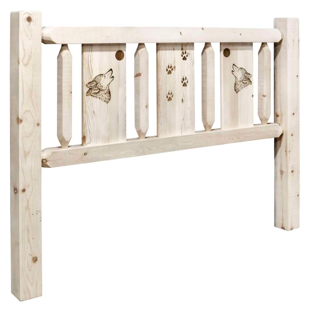 King Size Headboard with Laser Engraved Wolf Design, Clear Lacquer Finish, Sturdy Lodge and Wildlife Theme