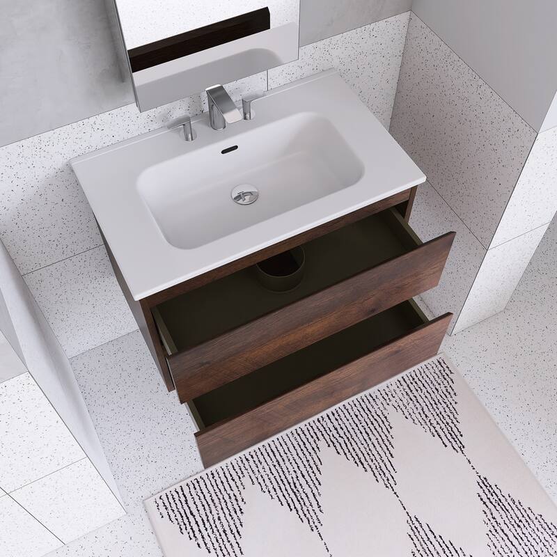 Floating Integrated Bathroom Vanity with Ceramic Sink, Three Faucet Holes