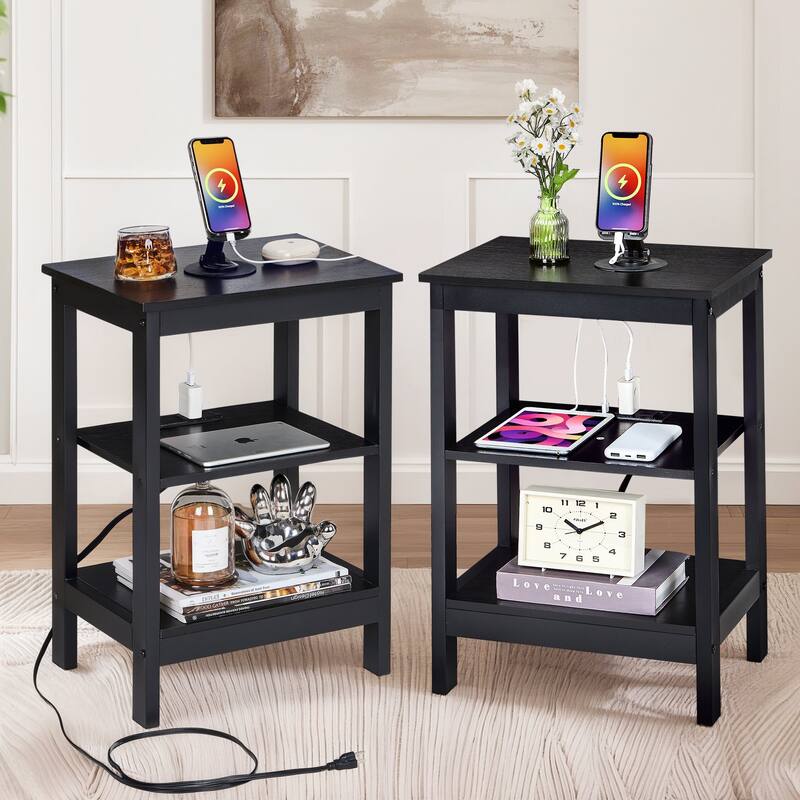 Javlergo 3 Tier Open Shelf Nightstand with Charging Station 2 AC Outlets 2 USB Ports Multipurpose Table for Bedroom Living Room