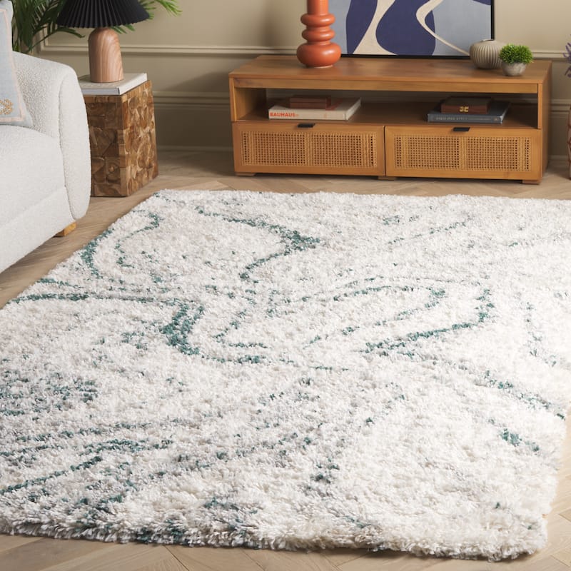 SAFAVIEH Fontana Shag Gisela Modern Abstract 2-inch Thick Rug - 9' x 12' - Ivory/Green - Rectangle