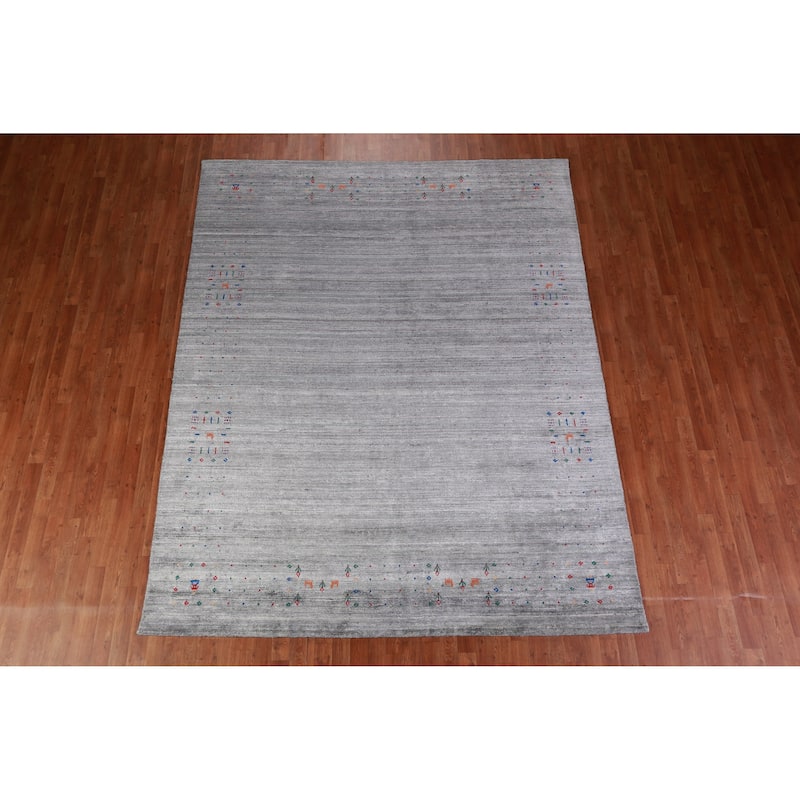Hand Knotted Oriental Viscose Silk Carpet Tribal Stripe Greys & Charcoal Gabbeh Area Rug - 9' 10'' X 7' 10''