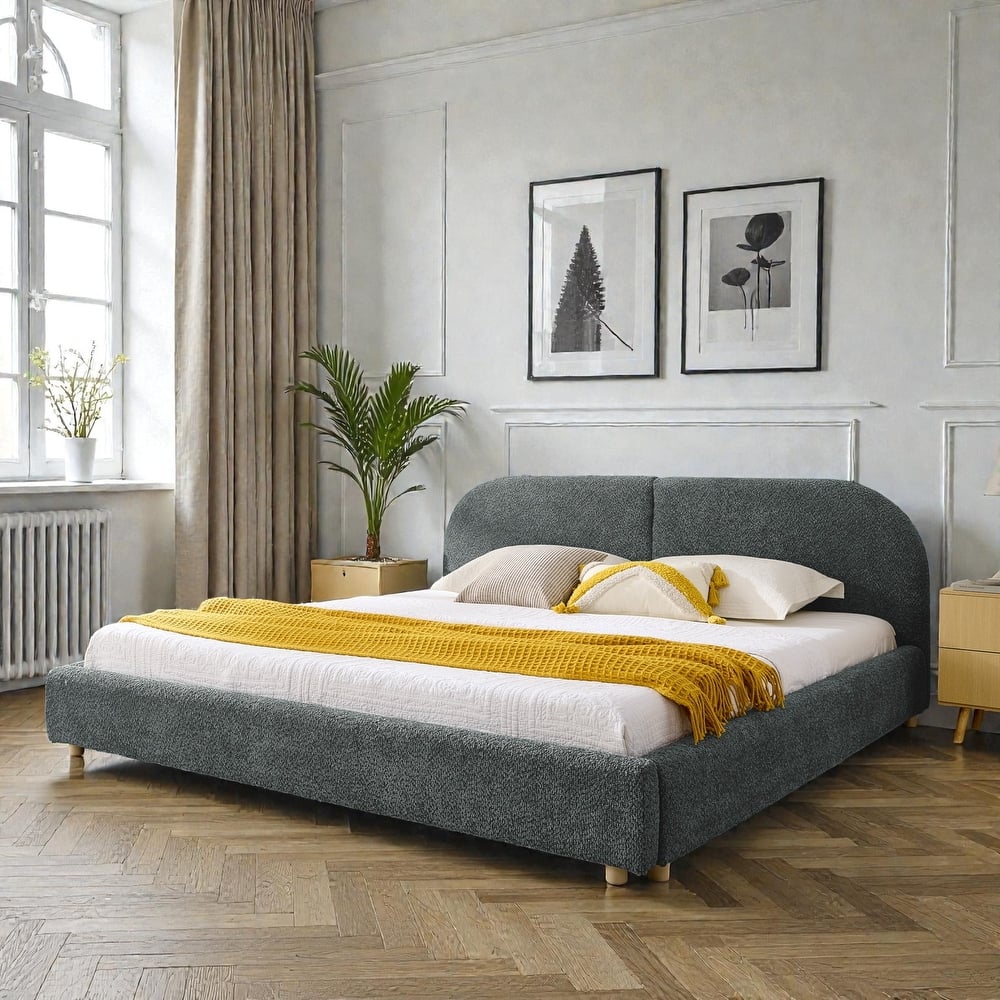 Upholstered Bed Frame with Tall Curved Headboard, Premium Circle Yarn Fabric, Modern Minimalist Platform Bed