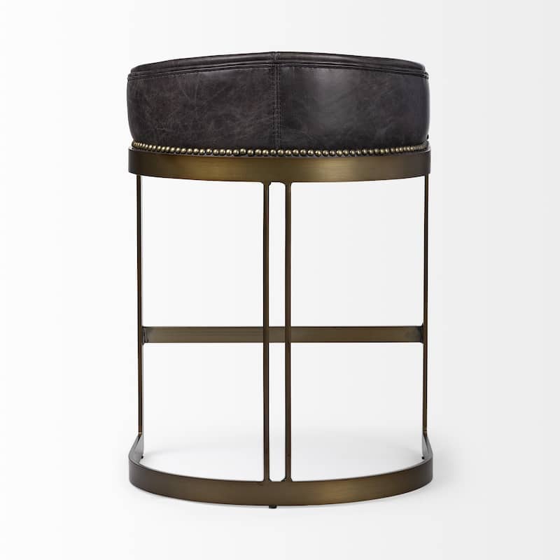 29" Black Leather Antiqued Gold Low Back Counter Stool - 19.75"W x 20.5"D x 29"H