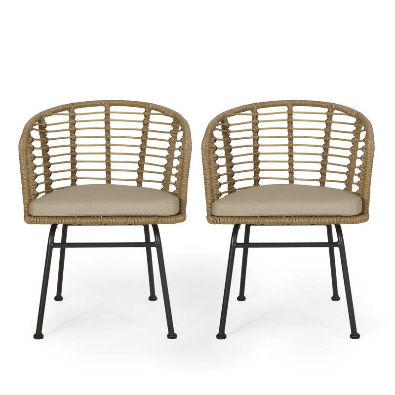 Randy Outdoor Wicker Chairs w/ Water-resistant Cushions (Set of 2) by Christopher Knight Home - 22.25" L x 22.75" W x 30.00" H - Light Brown + Beige