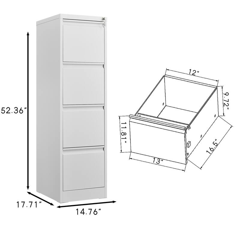 4-Drawer Locking Vertical Storage Cabinet, Office Filing Cabinet with Full Extension Drawers & Adjustable Hanging Rods