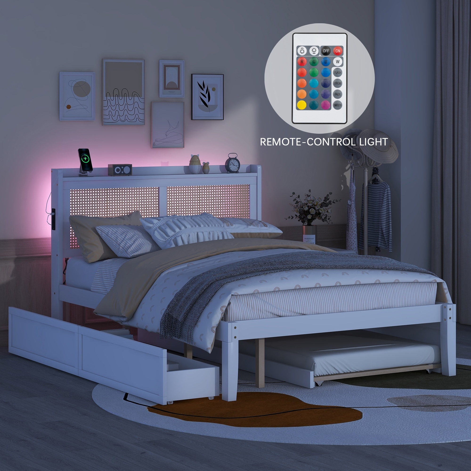 MidCentury Modern Queen Size Platform Bed with Rattan Headboard and