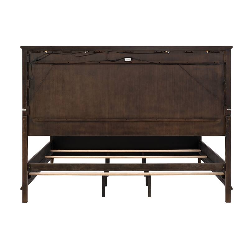 Furniture of America Prylen Modern Dark Cherry Solid Wood Panel Bed with LED Reading Lights