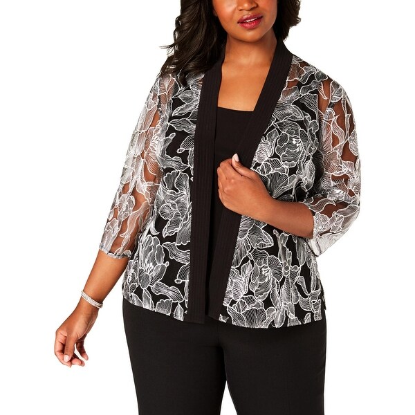 Alex Evenings Womens Plus Jacket Top Set 3/4 Sleeve Embroidered - Black/White