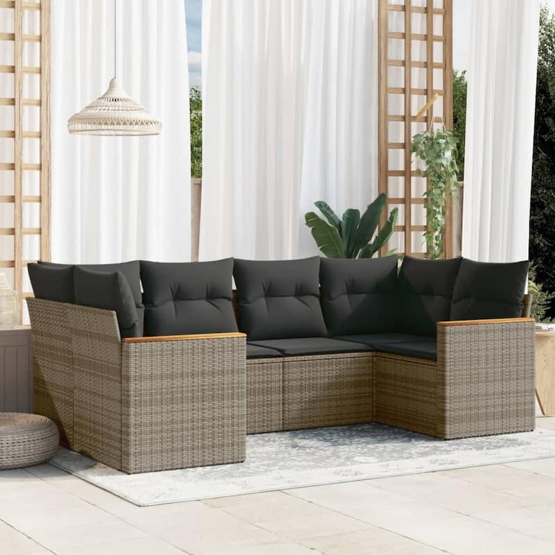 vidaXL Patio Sofa Set with Cushions Outdoor Furniture 6 Piece Poly Rattan - 24.4 x 24.4 x 27.2 in - Gray