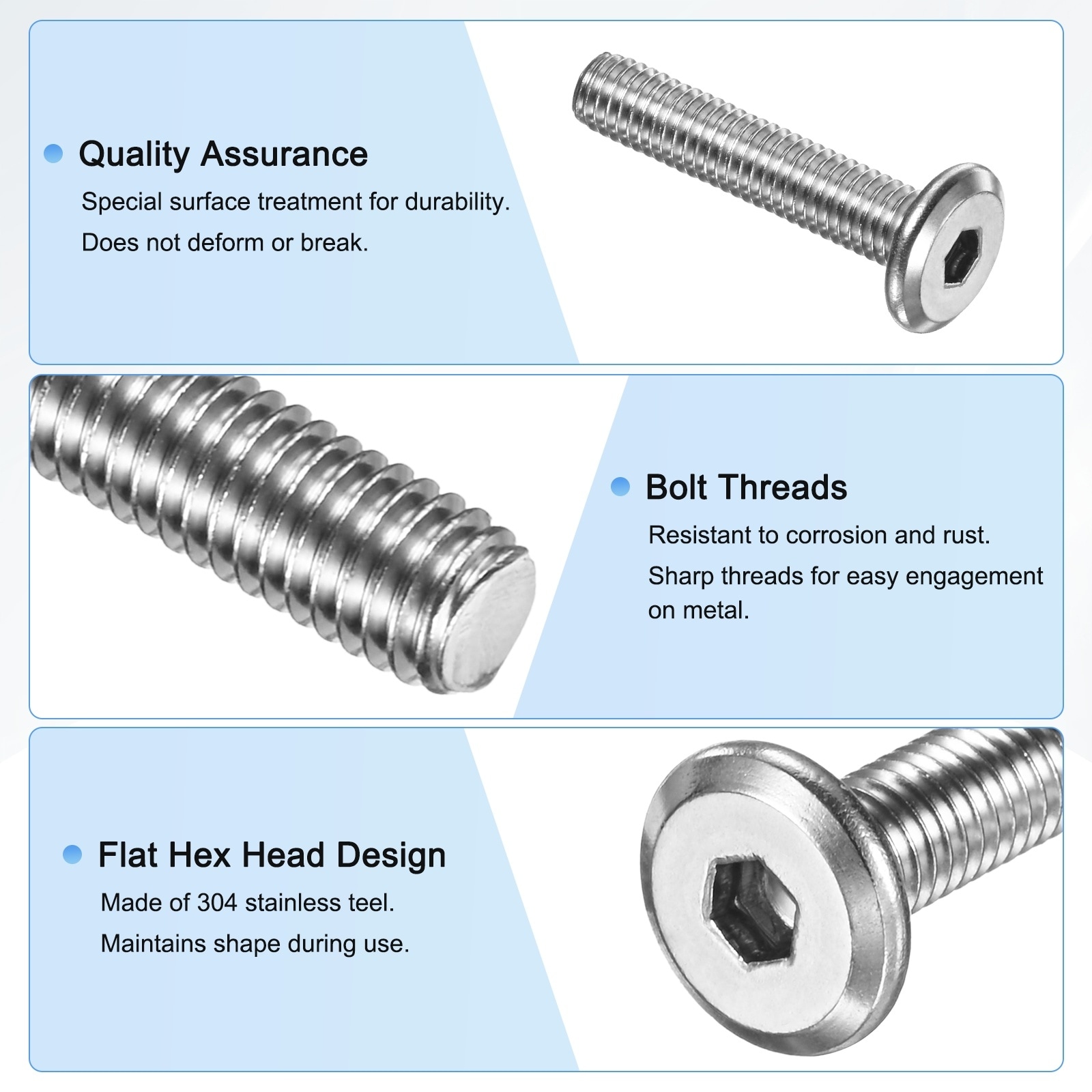 Flat Head Socket Cap Screws 304 Stainless Steel Hex Drive Fastener Kit with Hex Key - Silver