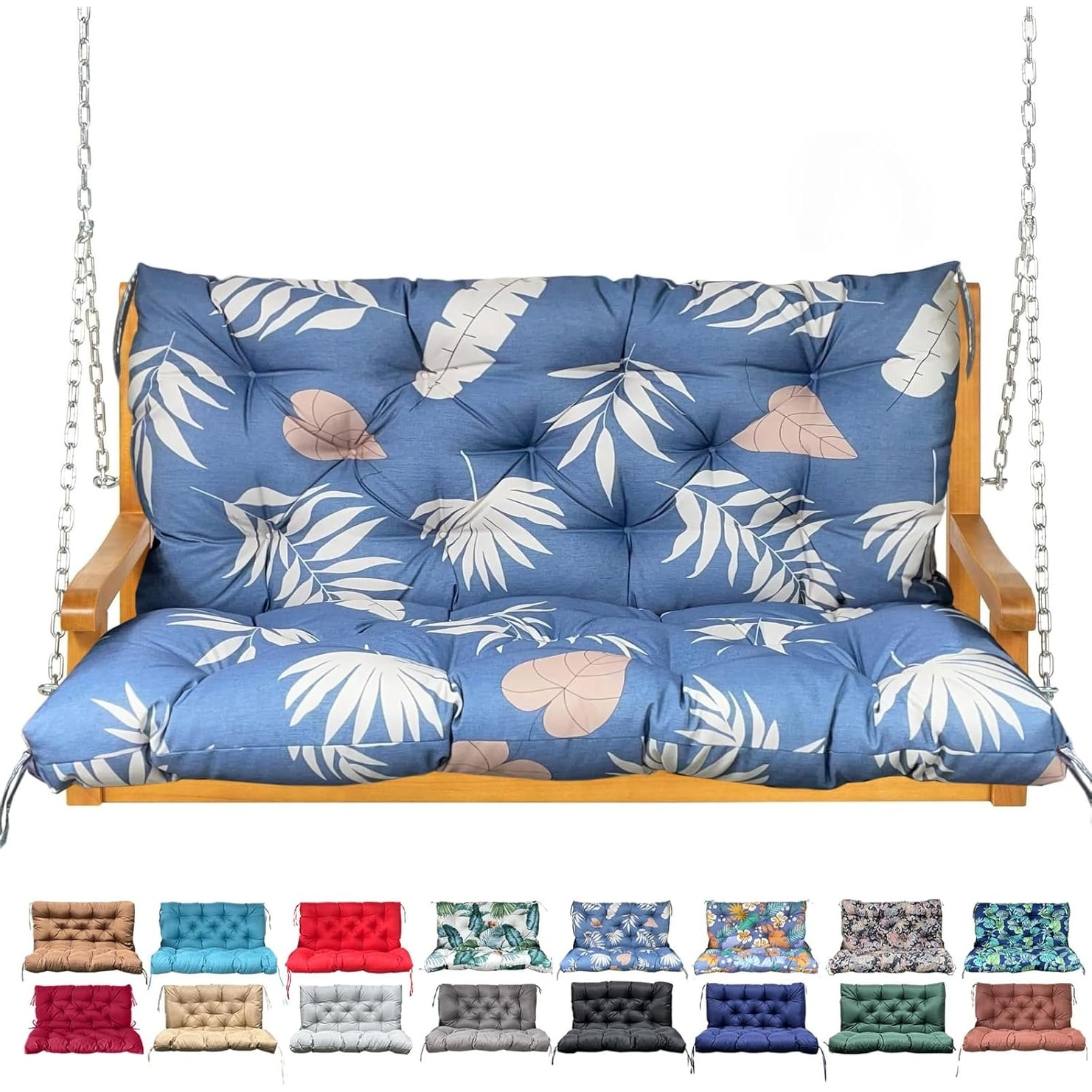 Waterproof Outdoor Swing Cushion with Backrest and Ties, 47x40 Inch, Tropical Leaf Design