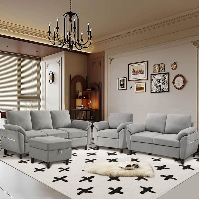 4-Piece Living Room Sectional Sofa Set with Loveseat and Chair - Light Grey