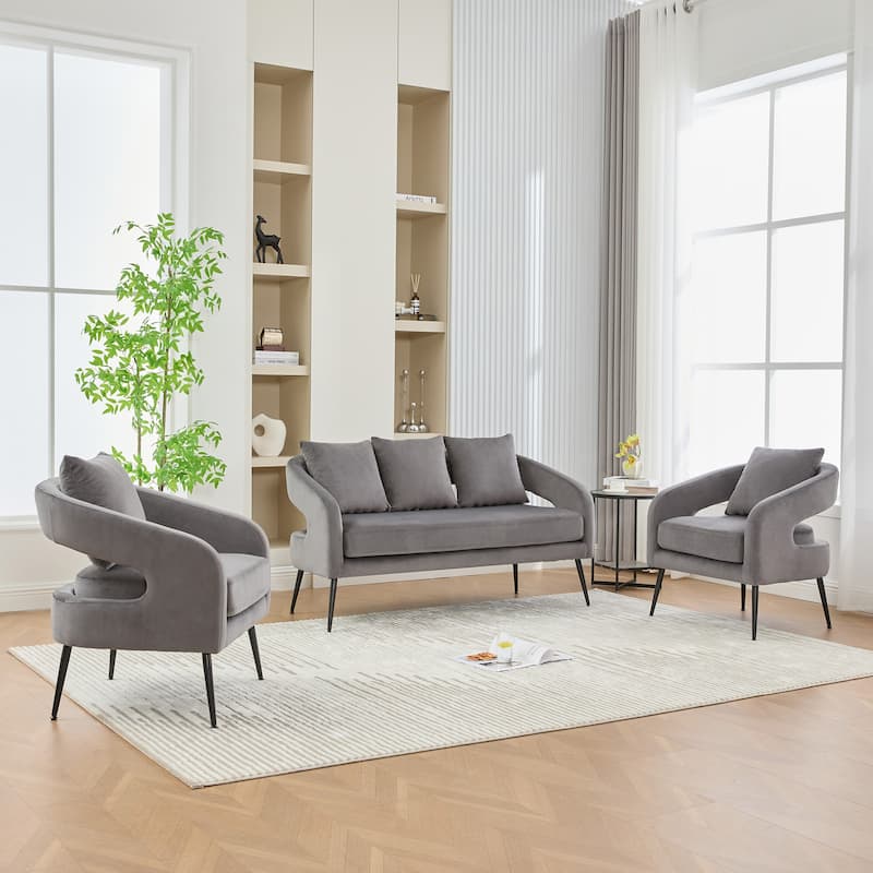 3 Piece Upholstered Velvet Living Room Furniture Set Metal Legs Open Back Charcoal Loveseat 2 Accent Chairs - Charcoal