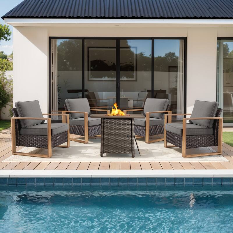 Meyreso 5-Piece Wicker Patio Conversation Set with Fire Pit & Plush 4.5" Olefin Cushions