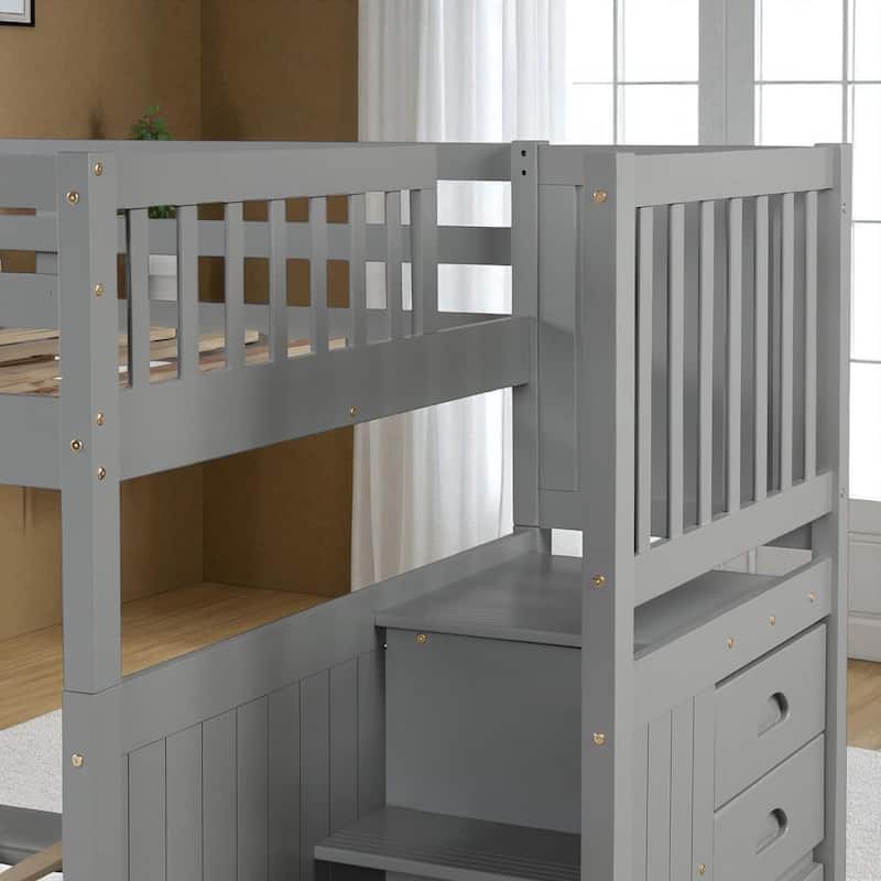 Full Over Full Bunk Bed with Twin Trundle, Storage Staircase with Drawers, Solid Pine Wood, No Box Spring Needed