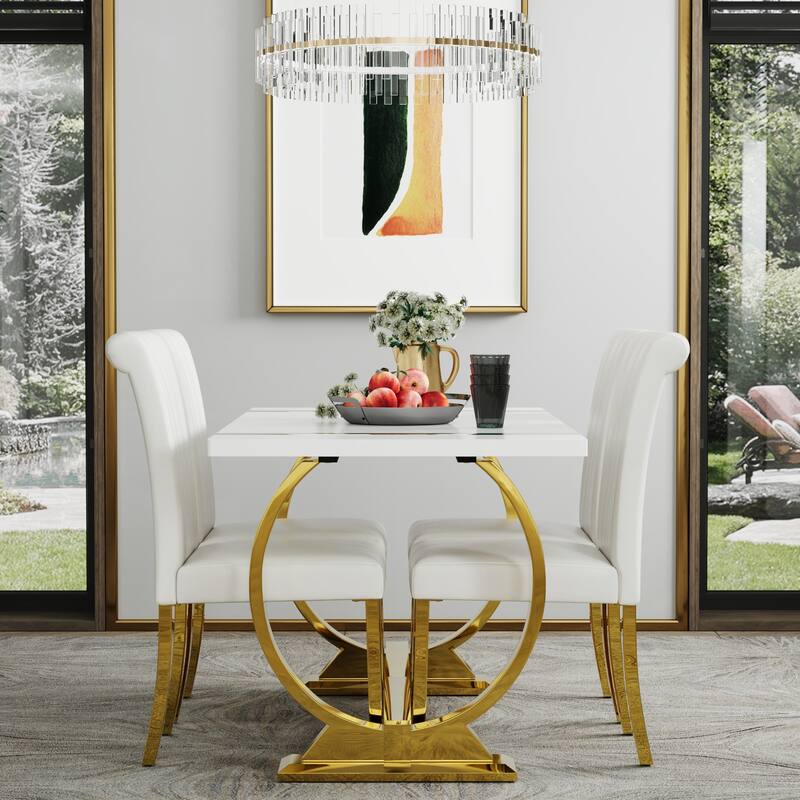 Modern White Dining Table with Polished Stainless Steel Circle Base
