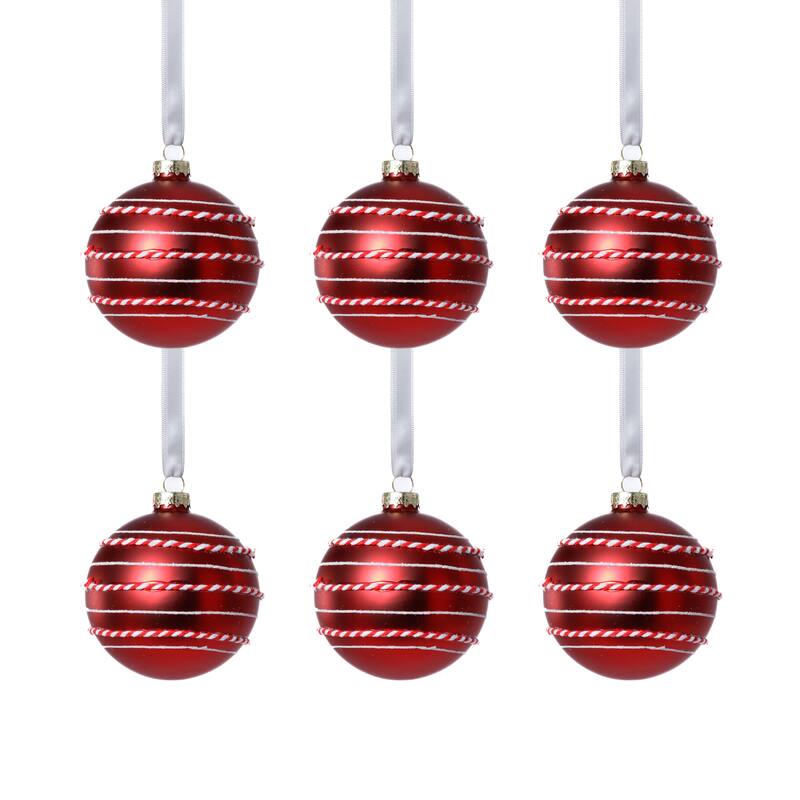 Matte Glass Ball Ornaments with White & Red Rope, Set of 6, 3.25"