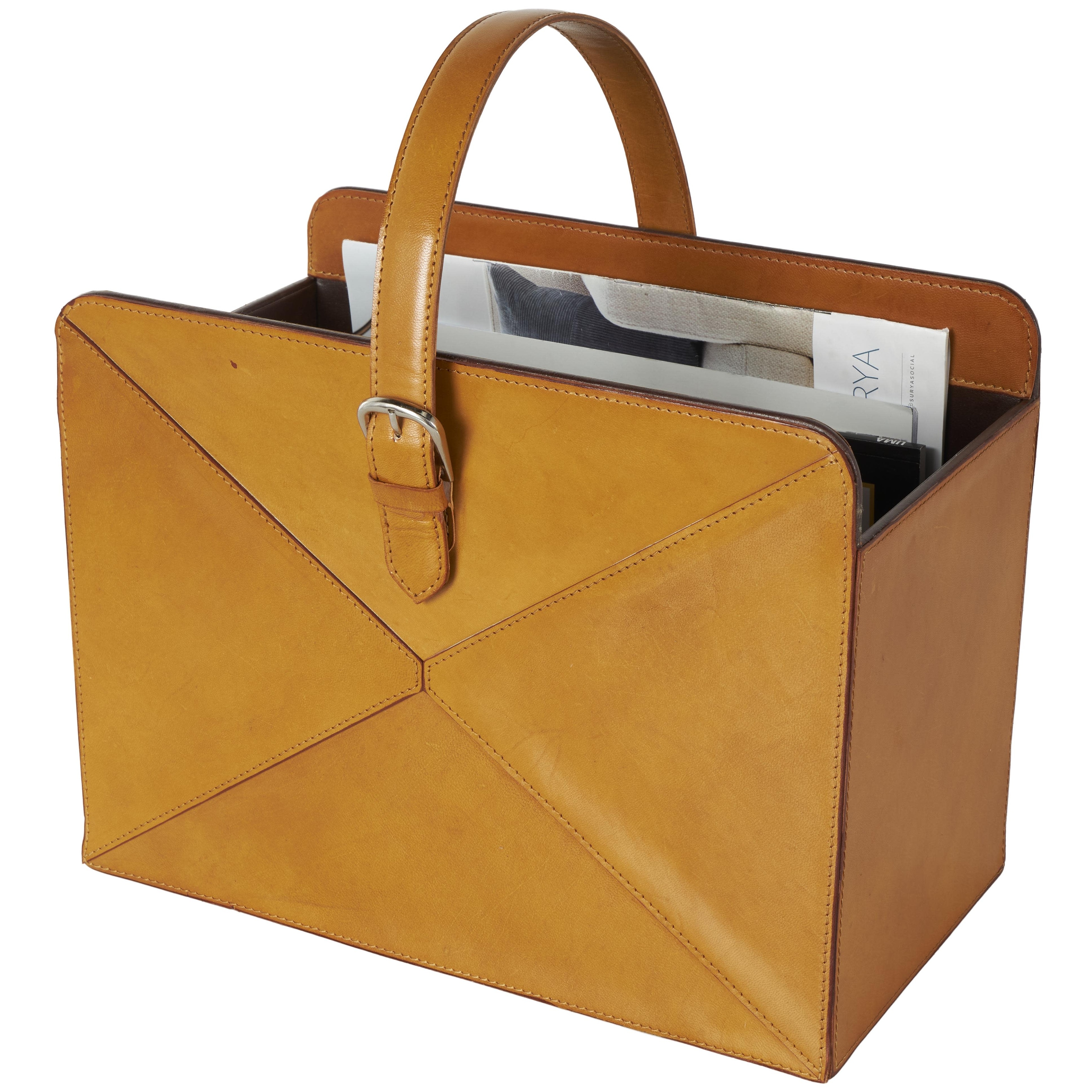 Leather Handmade Box Style Magazine Holder with Detail Stitching and Curved Buckle Handles - Brown or Black - Roche River Decor