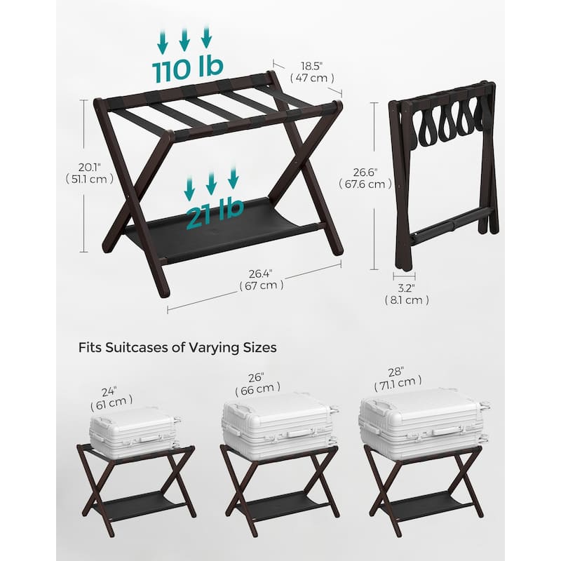 Wicker Luggage Rack with Nylon Support Straps and Storage Shelf Foldable Travel Suitcase Stand